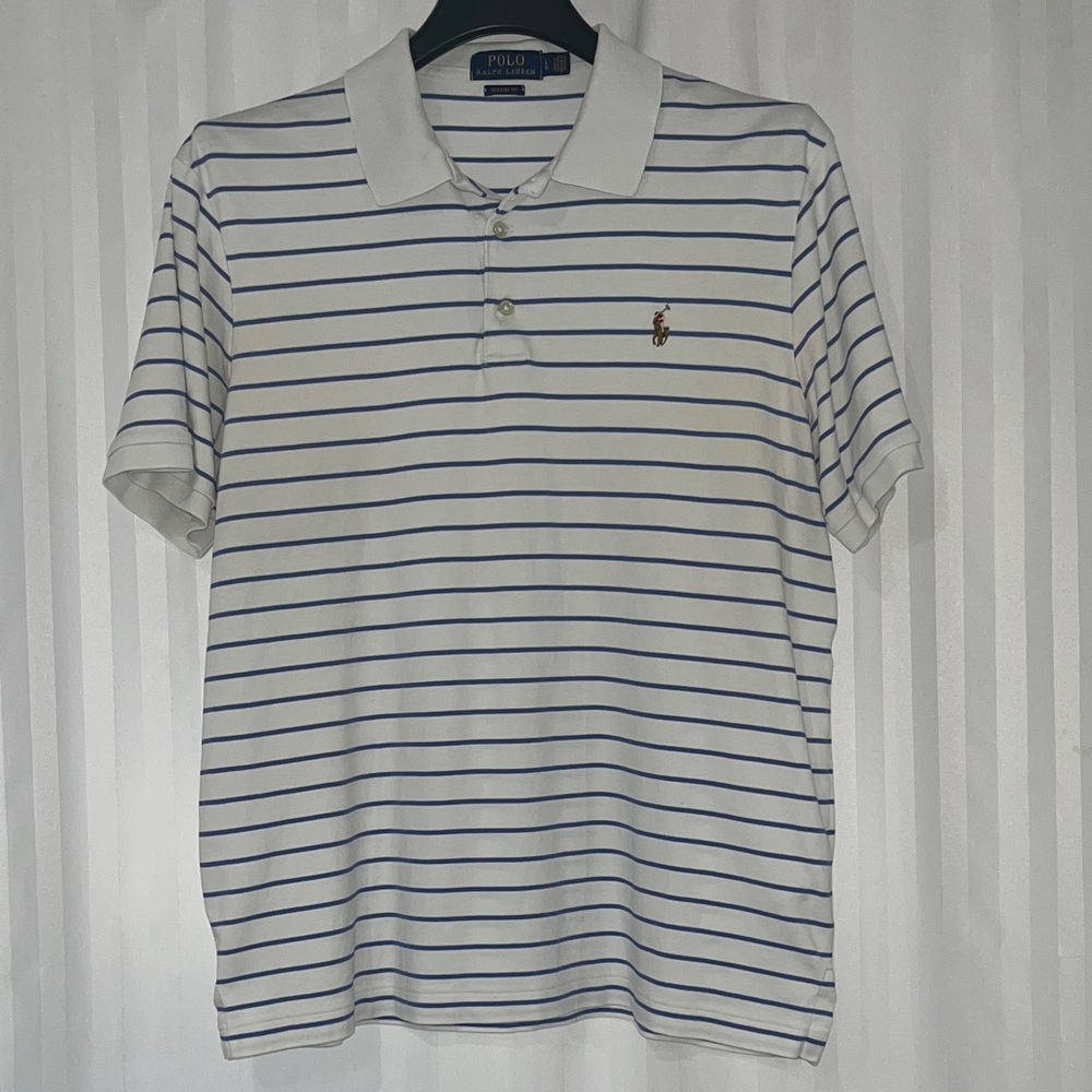 Polo Ralph Lauren Men's Striped Polo Shirt - Classic Fit White and Blue